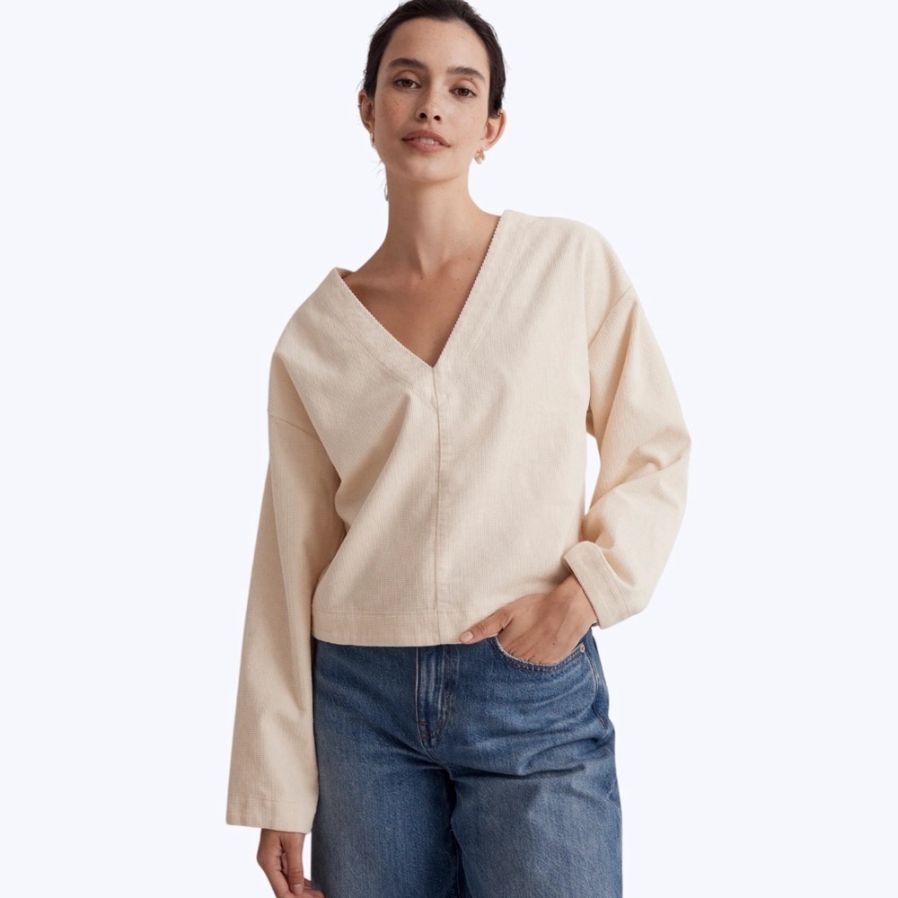 MADEWELL | Ivory Waffle-Knit Cotton Relaxed V-Neck Long Sleeve Top Size M